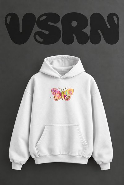 VSRN سويت شيرت أبيض كبير الحجم بقلنسوة وطباعة أمامية بتصميم Colorful Butterfly_1