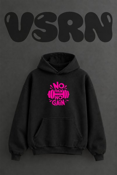 VSRN Hanorac negru supradimensionat cu glugă, imprimat frontal, cu design „No...