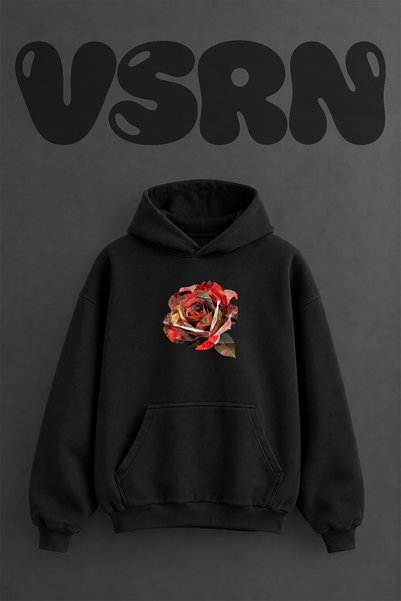 VSRN Gul Collage Design Pre-Printed Oversize Black Hooded Sweatshirt