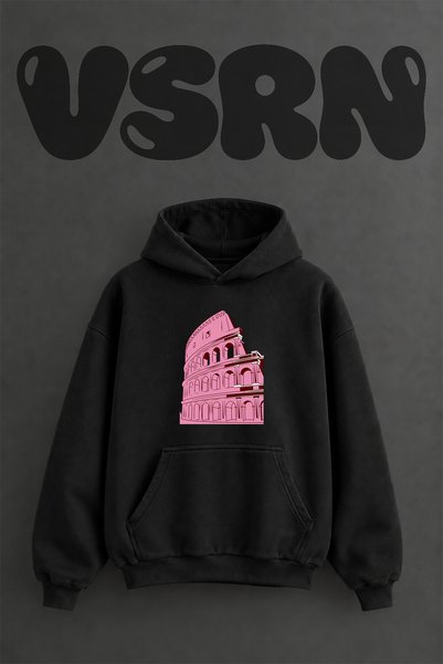 VSRN Colosseum Design Pre-Printed Oversize Black Hooded Sweatshirt