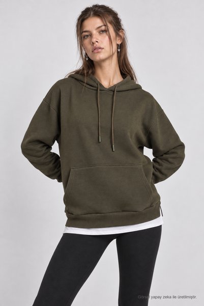 Lovelyİstanbul Hooded Oversize Knitted Sweatshirt Len0042 Khaki