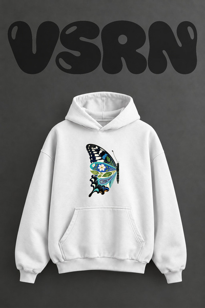 VSRN سويت شيرت أبيض كبير الحجم بقلنسوة وطباعة أمامية بتصميم Cicekli Butterfly