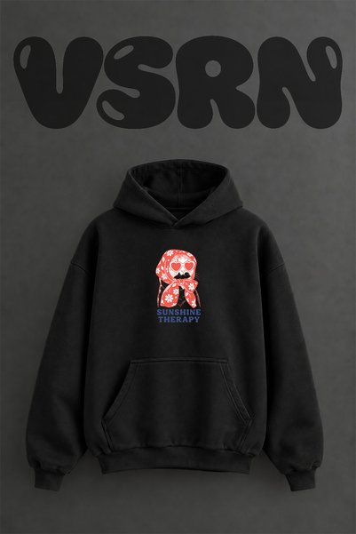 VSRN Cat Heart Glasses Design Pre-Printed Oversize Black Hooded Sweatshirt