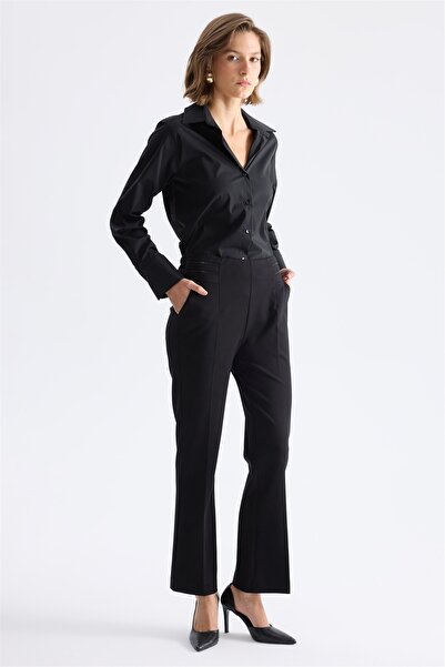 Ekol Pantaloni de damă din Lycra, cu broderie cu pietre, cu picior larg, negri