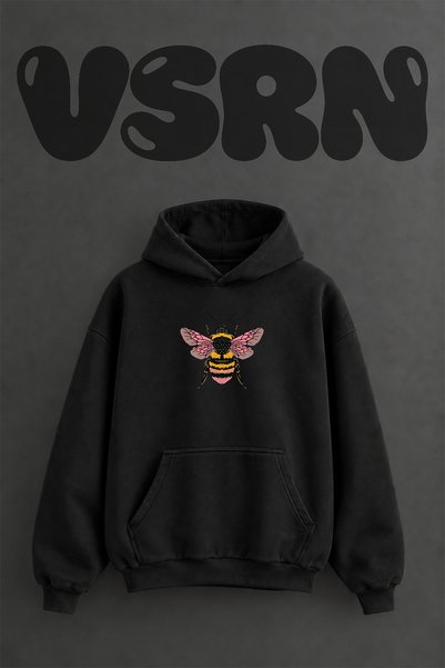 VSRN Pink Bumblebee Design Pre-Printed Oversize Black Hooded Sweatshirt