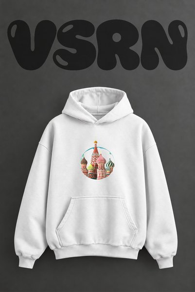 VSRN سويت شيرت أبيض كبير الحجم بقلنسوة وطباعة أمامية بتصميم كاتدرائية سانت باسيل
