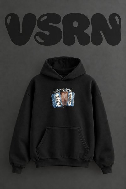 VSRN سويت شيرت أسود كبير الحجم بتصميم أكورديون وطباعة أمامية