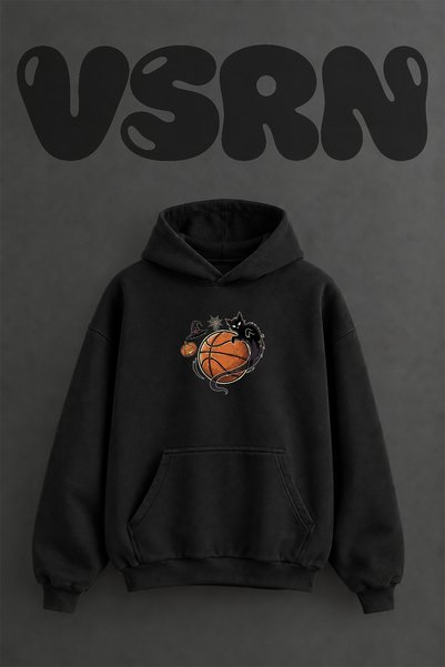 VSRN Hanorac negru supradimensionat cu glugă, cu imprimeu frontal, cu design ...
