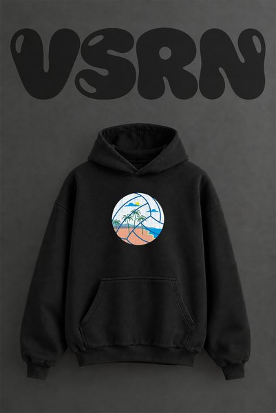 VSRN Beach Volleyball Design Pre-Printed Oversize Black Hooded Sweatshirt