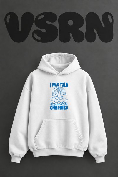 VSRN Cherries Design Front Printed Oversize White Hooded Sweatshirt