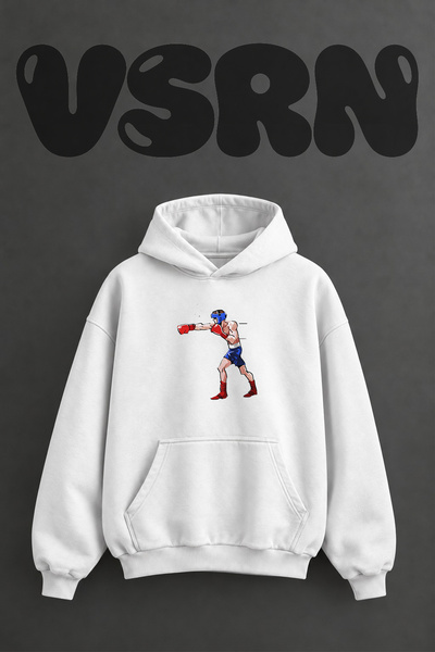 VSRN Boxer Fist Design Pre-Printed Oversize White Hooded Sweatshirt