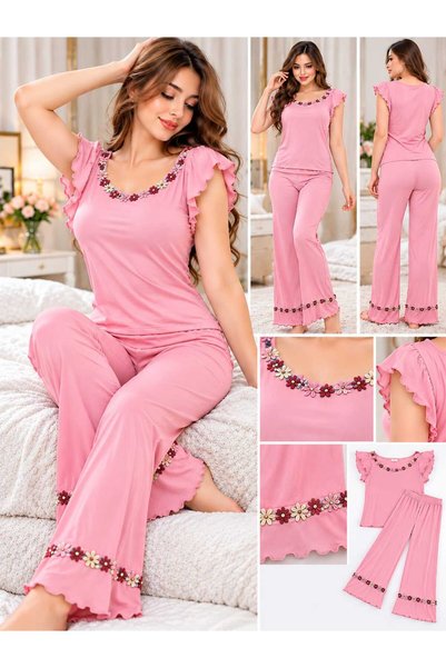 Generic Brand Women's Elegant Two-Piece Pajama Set Ruffled Trim and Floral Collar