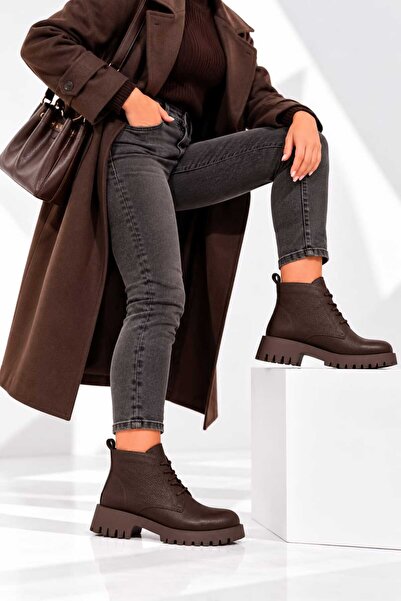 EREN SHOES BAG Venedi̇k Genuine Leather Floter Lace-Up - Zippered Serrated Non-Slip Sole Daily Comfortable Ankle Boots Real Leather
