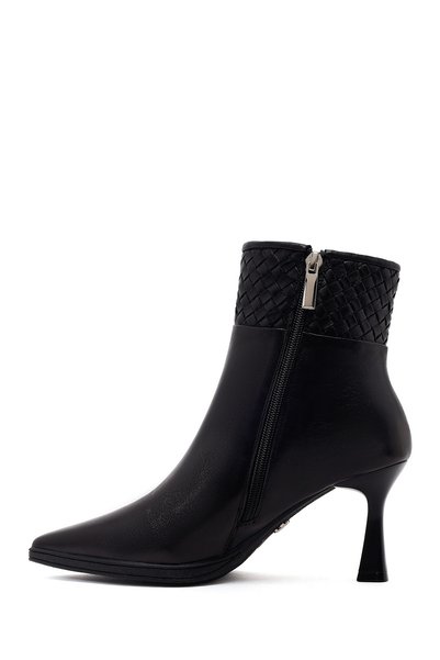 Derimod Women's Black Zippered Braided Thin Heeled Leather Boots Af530015Dv