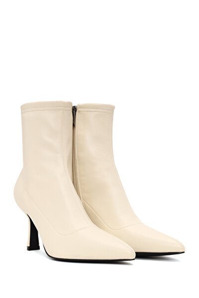 Derimod Women's Cream Zippered Thin Heeled Boots Af500004Sv
