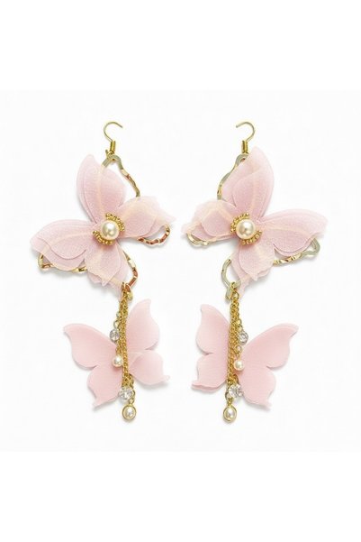 Alviro Cercei de damă lungi, cu flori, fluturi și perle decorative, roz, 10 cm