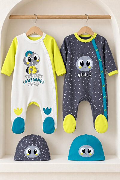 Tuğra Bebe 100% Cotton Baby Boy 2-Piece Booties and Overalls Set with Hat Turtle Pattern Newborn 0-3 Months