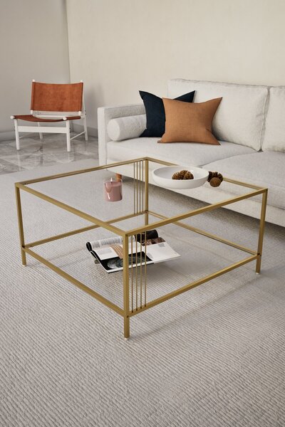 Sovi Design Svala Gold Kare Camlı Orta Sehpa 80x80x45 cm Modern Metal Ayaklı ...