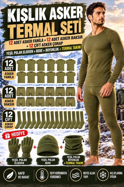QULAT Kışlık Asker Termal Seti 12’li Fanila 12’li Boxer 12 Çift Çorap Polar Eldiven Bere Boyunluk ve Termal Takım SET