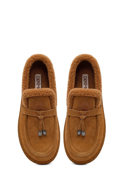 Derimod Women's Camel Buckle Thick Sole Suede Leather Teddy Loafer Wf530041Ds