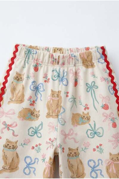 Magu Girl's Cotton Cat Patterned Ecru Trousers
