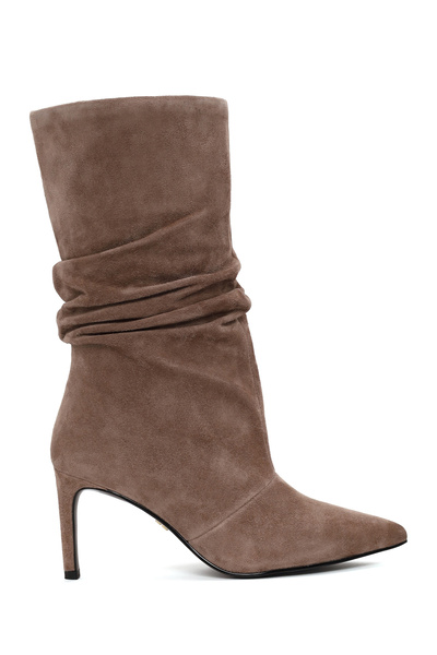 Derimod Women's Light Brown Thin Heeled Suede Leather Boots Af530008Ds