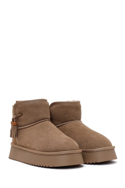 Derimod Women's Mink Thick Soled Suede Leather Teddy Boots Wf530038Ds