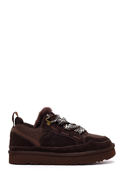 Derimod Women's Brown Lace-Up Thick Soled Furry Suede Leather Teddy Sneaker W...