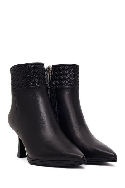 Derimod Women's Black Zippered Braided Thin Heeled Leather Boots Af530015Dv