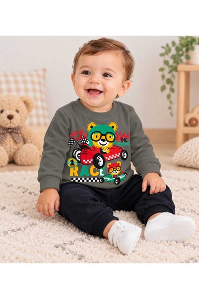 krm kerem bebe Baby Boy 100% Cotton Racing Car and Cute Teddy Bear Printed Long Sleeve Top and Bottom 2-Piece Set