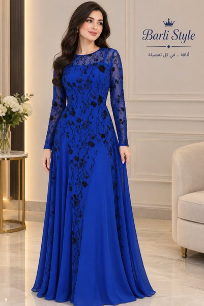 Barly فستان سهرة ملكي أزرق مطرز بالورود السودا 💙