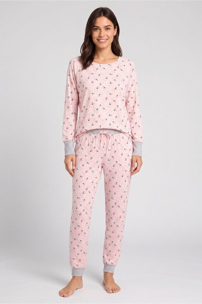 Pillow Talk Women 2 Pieces Allover Print Long Sleeve Pajama Set, Multicolor