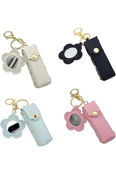 Yelajoy 4 PACK PU Leather Potable Chapstick Holder Key Chain Bulk with Mirror, Lipstick Keychain, Li