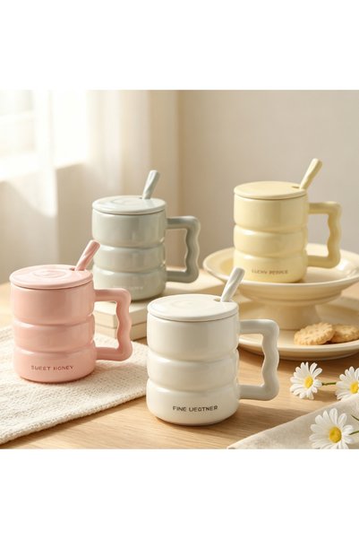 idei Ceramic mug with lid and spoon, layered wavy design, 400ml, random patte...