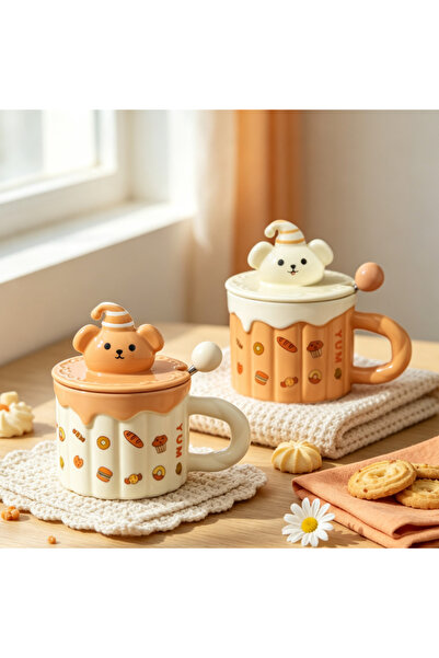 idei 3D ceramic mug with cute teddy bear lid, 420ml, coffee mug with spoon, d...