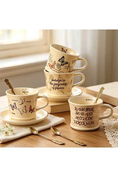 idei Cana ceramică vintage cu print fluturi și text, 320ml, model livrat alea...