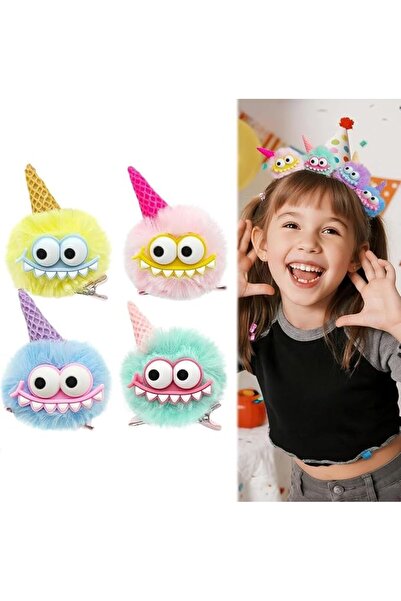 Tazweeq 4 Pcs Cute Hair Clips for Girls, Cartoon Fuzzy Pom Poms Hair Accessor...