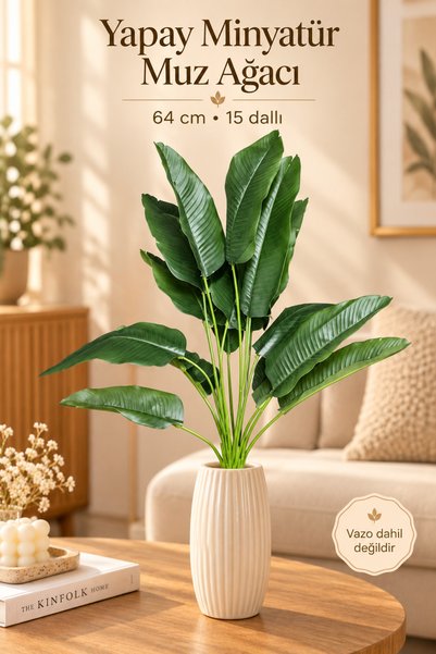 TEMA AJANS SÜS Yapay Minyatür Muz Ağacı Demeti 64 cm 15 Dallı Yeşil Dekoratif...