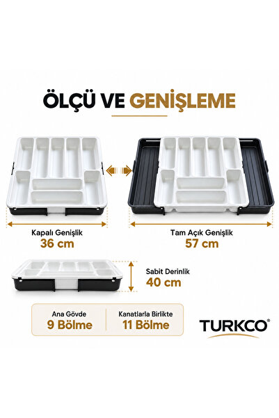 Turkco 11 Bölmeli Çekmece İçi Kaşıklık Organizer Çift Yöne Genişleyen 40 x 36-57 cm Beyaz-Antrasit