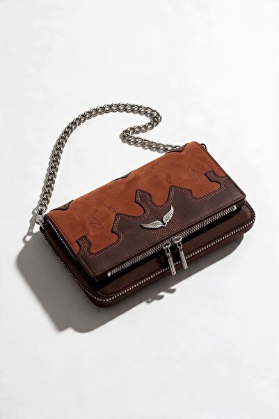 İKRA ÇANTA General Brands Women's Wing Patterned - Double Chain Braided Strap Flap Shoulder and Crossbody Bag