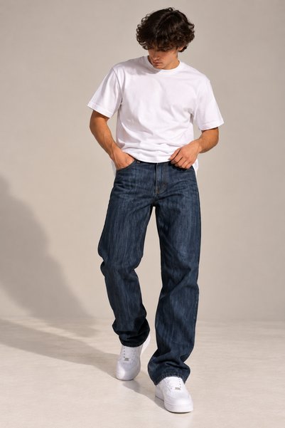 Erkek Mavi Ağaç Kabuğu Desenli Baggy Jean Pantolon Bol Kesim Rahat Kalıp Denim