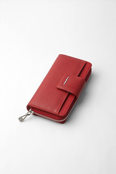 CENGİZ PAKEL Genuine Leather Women's Wallet with Horizontal Zipper and Magnet Red - 65280