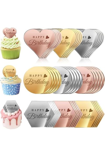 Arabest 45-Piece Mirror Happy Birthday Cake Toppers,Gold,Silver,and Rose Gold...