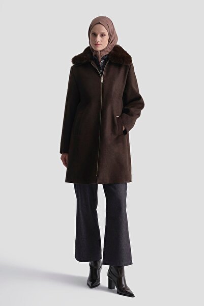 Armine Fur Collared Cashmere Coat Brown