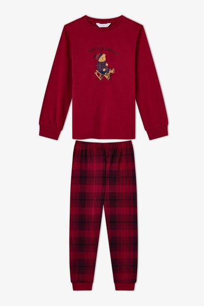 Penti Unisex Kids Burgundy Teddy Crew Fam Long Sleeve Pajama Set