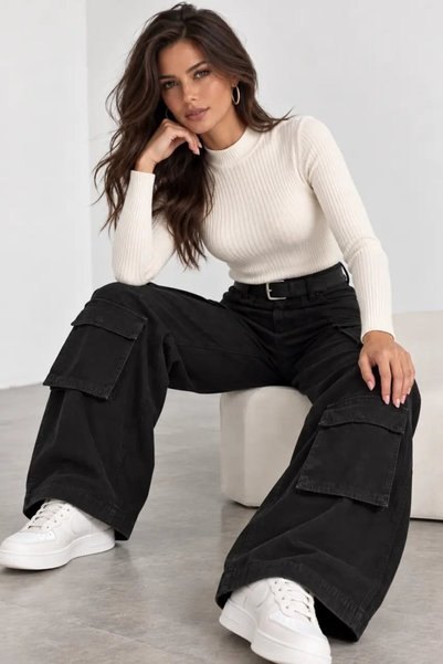 Cool & Sexy Women's Black High Waist Wide Leg Gabardine Trousers with Cargo Pockets