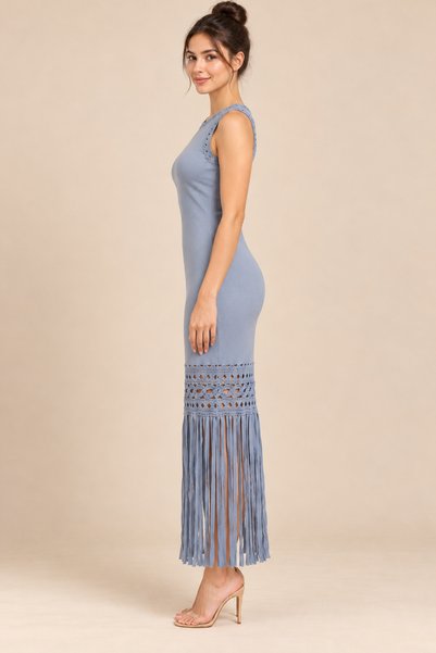 2TRENDY Women's Blue Maxi Sleeveless Slim Fit Crochet Bandage Long Fringe Dress