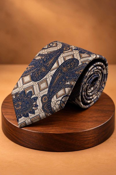 Kravatkolik Beige Navy Blue Shawl Tie Prm167