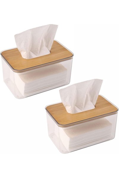 Arabest 2 PCS Clear Tissue Box Holder with Bamboo Lid,Transparent Rectangle T...