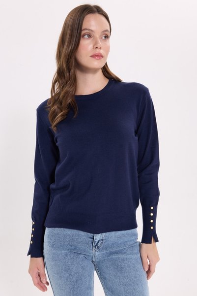 Tudors Kadın Slim Fit Dar Kesim Bisiklet Yaka Kol Manşeti Yırtmaçlı Gold Düğm...